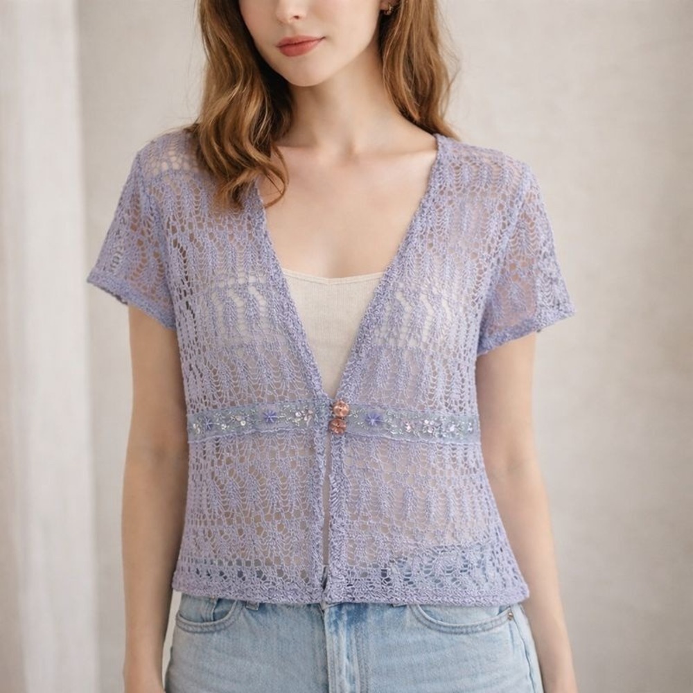 Sheer Crochet Lace Fairycore Y2K Overtop Blouse Top | Purple Lavender | Size 8 - Picture 1 of 12